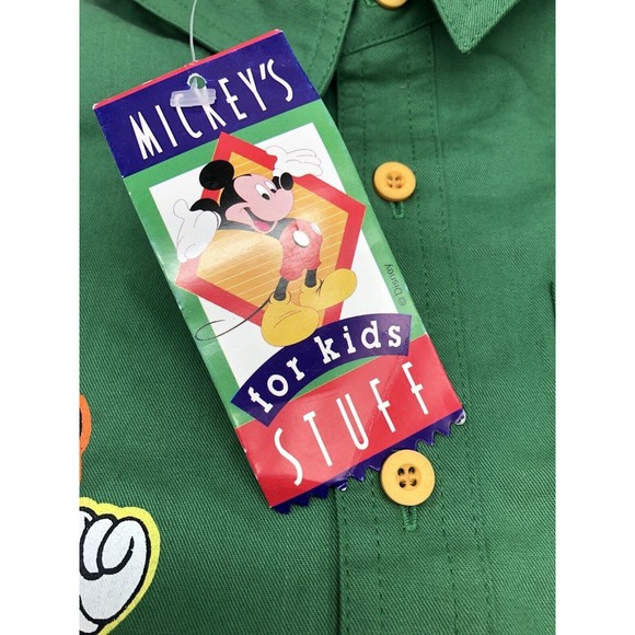 Vintage 90s Disney MICKEY MOUSE Green Long Sleeve Button Up Shirt Boys Size 14 - Picture 5 of 11